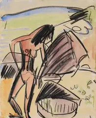 Ernst Ludwig Kirchner, Weiblicher Akt am Strand von Fehmarn (Female Nude on Fehmarn beach), Watercolor and black crayon on chamois colored drawing paper