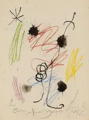 Joan Miró, Composition, Colored wax crayons and black ink on ivory colored, lightly textured wove paper