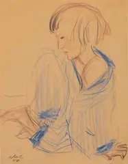 Rolf Nesch, Sitzendes Mädchen (Sitting Girl), Color crayon drawing on light brown sketchbook paper with perforated margin