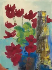 Emil Nolde, Alpenveilchen und eine stehende Asiatische Figur (Cyclamen and a standing Asian figure), Watercolor on thin Japanese paper