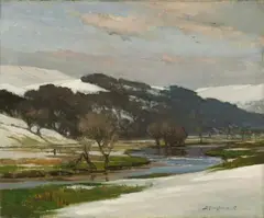 Bertram Priestman, Winterliche Flußlandschaft (Wintery River Landscape), Oil on canvas, relined
