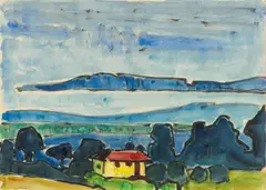 Karl Schmidt-Rottluff, Blaue Bucht (Blue Bay), Watercolor and pen and ink on firm, smooth ivory colored paper with truncated embosed watermark "SCHOELLERS HAMMER"