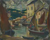 Evarist Adam Weber, Ausfahrt 2: Hafen in Oberitalien (Exit 2: Harbour in Upper Italy), Oil on canvas