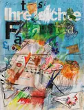Jean Tinguely, UNTITLED, Gouache, colour crayon and ball-point pen collaged with colour printed papers, feather and paper tape on a magazine page, folded in the middle