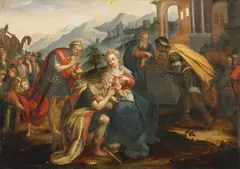 attributed to Frans Floris, ADORATION OF THE MAGI, Oil on panel (parquetted)