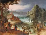Tobias Verhaecht, HILLY LANDSCAPE WITH A VIEW ON A DISTAND TOWN, Oil on panel (parquetted)