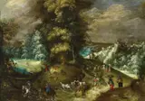 STREET IN A VILLAGE WITH TRAVELLERS by circle of Sebastiaan Vrancx, Oil on canvas, sold May 2010