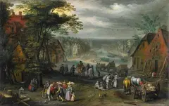 Jan Brueghel the Younger, VILLAGE STREET WITH CANAL, Oil on copper