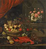GROSSES STILLLEBEN MIT HUMMER, FRÜCHTEN UND BLUMEN by Umkreis Andrea (Andries) Benedetti, Öl auf Leinwand (doubliert), sold May 2010