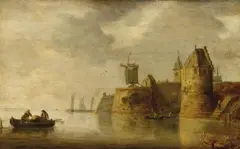 Frans de Hulst, RIVER LANDSCAPE WITH WIND-MILL AND BOATS, Oil on panel (parquetted)