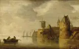 Frans de Hulst, RIVER LANDSCAPE WITH WIND-MILL AND BOATS, Oil on panel (parquetted)