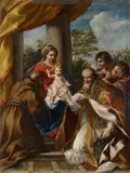 attributed to Giovanni Francesco Romanelli, MADONNA WITH CHILD AND SAINTS, Oil on canvas (relined)