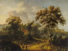 Jacob van der Croos, WOODED LANDSCAPE WITH CHURCH AND RIDERS, Oil on panel