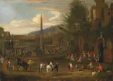 Mathys Schoevaerdts, A WIDE SQUARE WITH OBELISK AND A TRAVELLING THEATRE, Oil on canvas (relined)