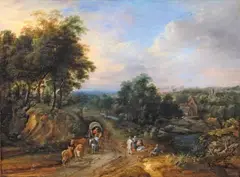 Jacques d'Arthois, WIDE LANDSCAPE WITH CART AND FIGURAL STAFFAGE, Oil on panel