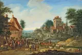 Peeter van Bredael, VILLAGE LANDSCAPE WITH MARKET, Oil on panel (parquetted)