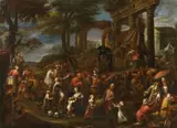 German School, early 18th century, TWO SCENES WITH TRAVELLING THEATRE AND AUDIENCE, Oil on canvas (relined)