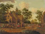 Rutger Verburg, VILLAGE STREET WITH MARKET, Oil on canvas (relined)