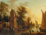attributed to Frans Swagers, RIVER LANDSCAPE WITH BOATS AND ARCHITECTURAL STAFFAGE, Oil on canvas (relined)
