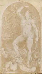 Giulio Romano, APOLLO DEFEATING A DRAGON, Pen and brush in brown