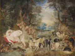 Jan Brueghel the Elder, SATYRS AND SLEEPING NYMPHS, Tempera- and watercolour on parchment
