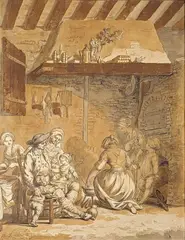 Philippe Louis Parizeau, FAMILIE AM KÜCHENKAMIN, Feder und Tusche in Grau und Braun