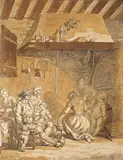 Philippe Louis Parizeau, FAMILIE AM KÜCHENKAMIN, Feder und Tusche in Grau und Braun