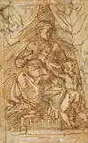 MADONNA MIT CHRISTUS UND JOHANNES by Italian School des 18. Jahrhunderts, Feder in Braun, auf Pappe montiert, sold May 2010