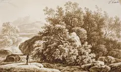 Ferdinand Kobell, LANDSCHAFT MIT EINSAMEM WANDERER, Tusche in Braun