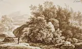 Ferdinand Kobell, LANDSCHAFT MIT EINSAMEM WANDERER, Tusche in Braun