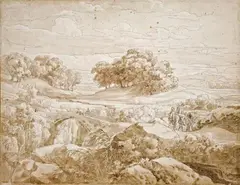 Friedrich Preller the Elder, SÜDLICHE LANDSCHAFT MIT BRÜCKE UND STAFFAGEFIGUREN, Feder und Pinsel in Braun