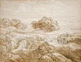 Friedrich Preller the Elder, SÜDLICHE LANDSCHAFT MIT BRÜCKE UND STAFFAGEFIGUREN, Feder und Pinsel in Braun