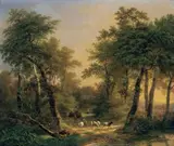 Pierre-Jean Hellemans, WOODED LANDSCAPE WITH SHEPHERDS AND SHEEPS, Oil on panel