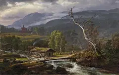 Johan Christian Clausen Dahl, LANDSCAPE NEAR BEI KAUPANGER WITH CHURCH, Oil on canvas (relined)