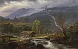 Johan Christian Clausen Dahl, LANDSCAPE NEAR BEI KAUPANGER WITH CHURCH, Oil on canvas (relined)