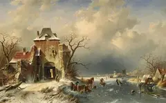 Charles Leickert, DUTCH LANDSCAPE WITH FROZEN RIVER, Oil on canvas (relined)