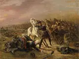 BLÜCHER RESCUED BY HIS ADJUTANT NOSTIZ AT QUATRE-BRAS by Clemens Otto Fikentscher, Oil on canvas (relined), sold May 2010