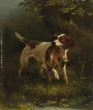 Henriëtte Ronner-Knip, WEISSER LABRADOR MIT ERLEGTEM HASEN GROSSER MÜNSTERLÄNDER MIT EINEM HASEN IM FANG, Öl auf Holz. Jeweils