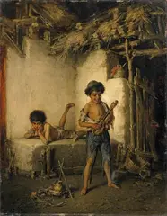 Hermann Kern, ZWEI ZIGEUNERKNABEN VOR EINER HÜTTE, Öl auf Holz