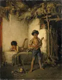 Hermann Kern, ZWEI ZIGEUNERKNABEN VOR EINER HÜTTE, Öl auf Holz
