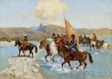 Franz Alekseyevich Roubaud, CERCASSIAN RIDERS PASSING A RIVER, Oil on canvas