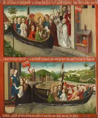 Master of 1456, TWO SCENES FROM THE MARTYRDOM OF ST. URSULA (ARRIVAL IN AND DEPARTURE FROM MAIN), Öl auf Holz (parkettiert)