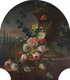 FLOWER STILL LIFE WITH LANDSCAPE by German School, probably late 18th century, Oil on canvas, mounted on wood, sold Mar 2010