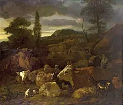 attributed to Jacob Van Der Does the Elder, SOUTHERN LANDSCAPE WITH CATTLE, Oil on panel (parquetted)