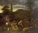 attributed to Jacob Van Der Does the Elder, SOUTHERN LANDSCAPE WITH CATTLE, Oil on panel (parquetted)