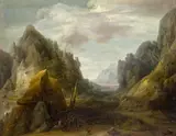 ROCKY LANDSCAPE WITH RESTING WANDERERS by follower of David Teniers the Younger, Oil on canvas (relined), sold Mar 2010