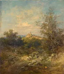 Anton Burger, VIEW ON KRONBERG WITH SHEPHERD AND FLOCK OF SHEEP, Oil on canvas