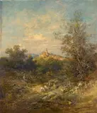 Anton Burger, VIEW ON KRONBERG WITH SHEPHERD AND FLOCK OF SHEEP, Oil on canvas