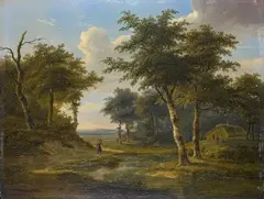 Jean Baptiste Coene, WOODED RIVER LANDSCAPE WITH FARMSTEAD AND FIGURAL STAFFAGE, Oil on panel
