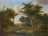 Jean Baptiste Coene, WOODED RIVER LANDSCAPE WITH FARMSTEAD AND FIGURAL STAFFAGE, Oil on panel